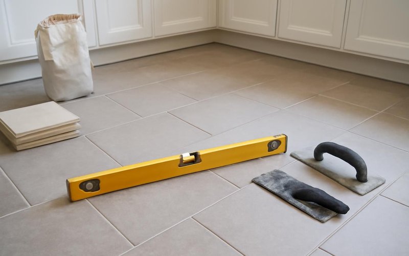 Supervisor checking a kitchen floor for flatness