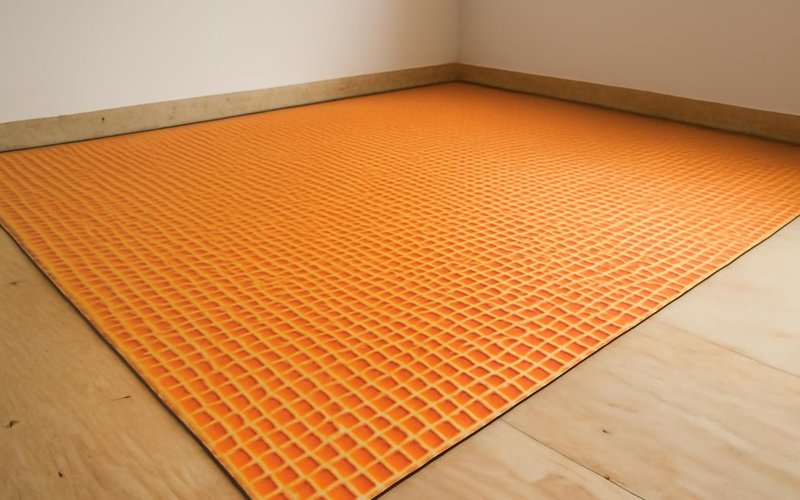 Orange uncoupling membrane set over a plywood subfloor