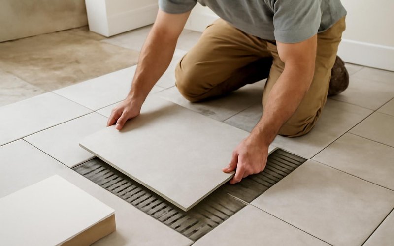 Tile setter placing large porcelain tile