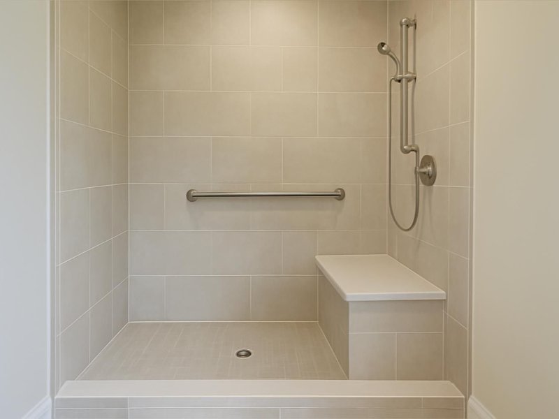 AI concept: Remodeled idea: low-threshold shower with a seat, grab bar and handheld