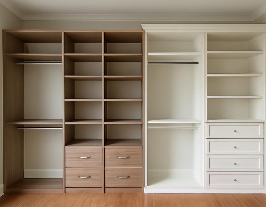 Modular closet system on the left, painted custom closet built-ins on the right