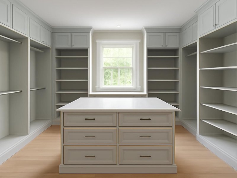 After: dressing room with painted cabinetry and a center island