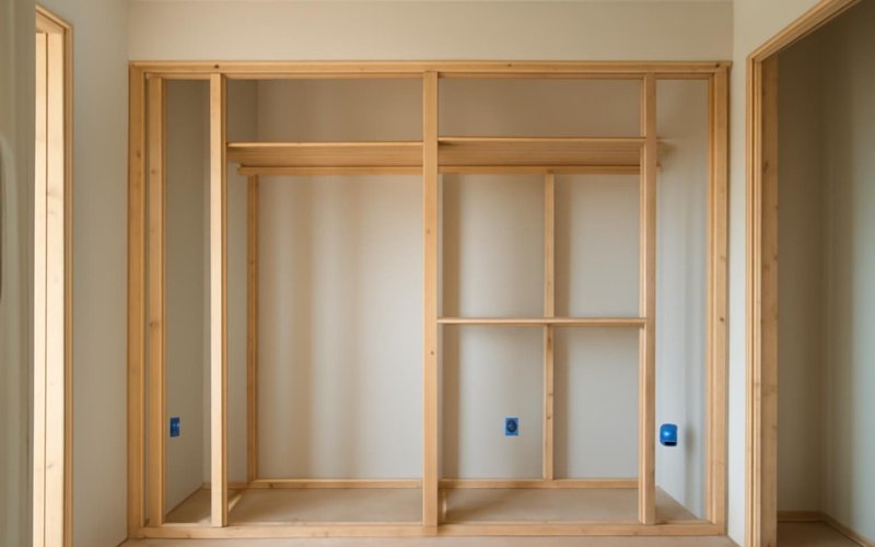 Framed closet walls with electrical boxes installed