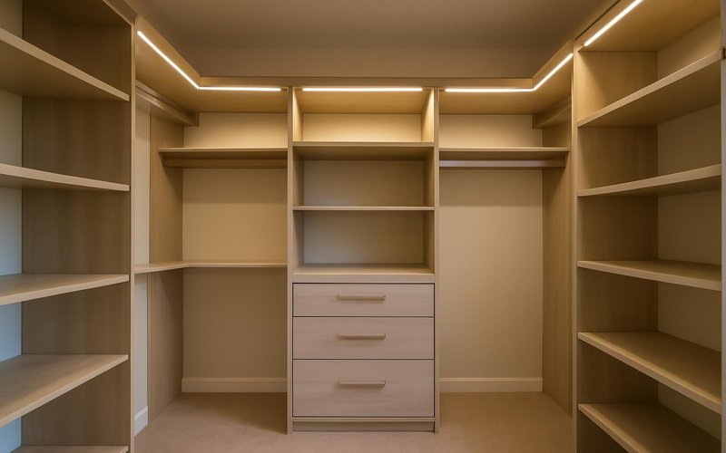 Finished walk-in closet with lit shelving