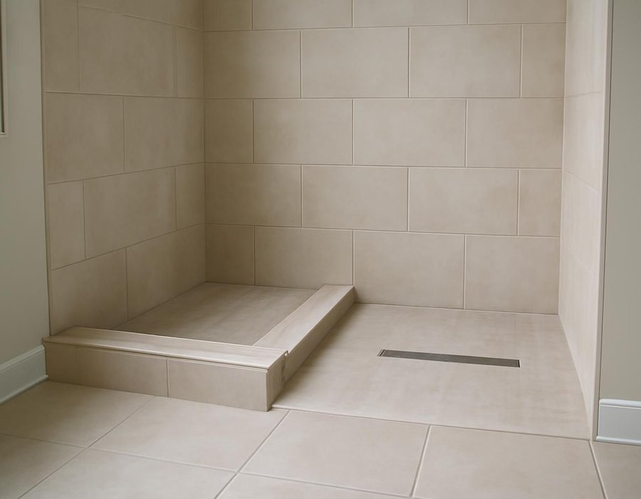 AI concept: Low-curb walk-in shower beside a curbless shower with a linear drain at the back wall
