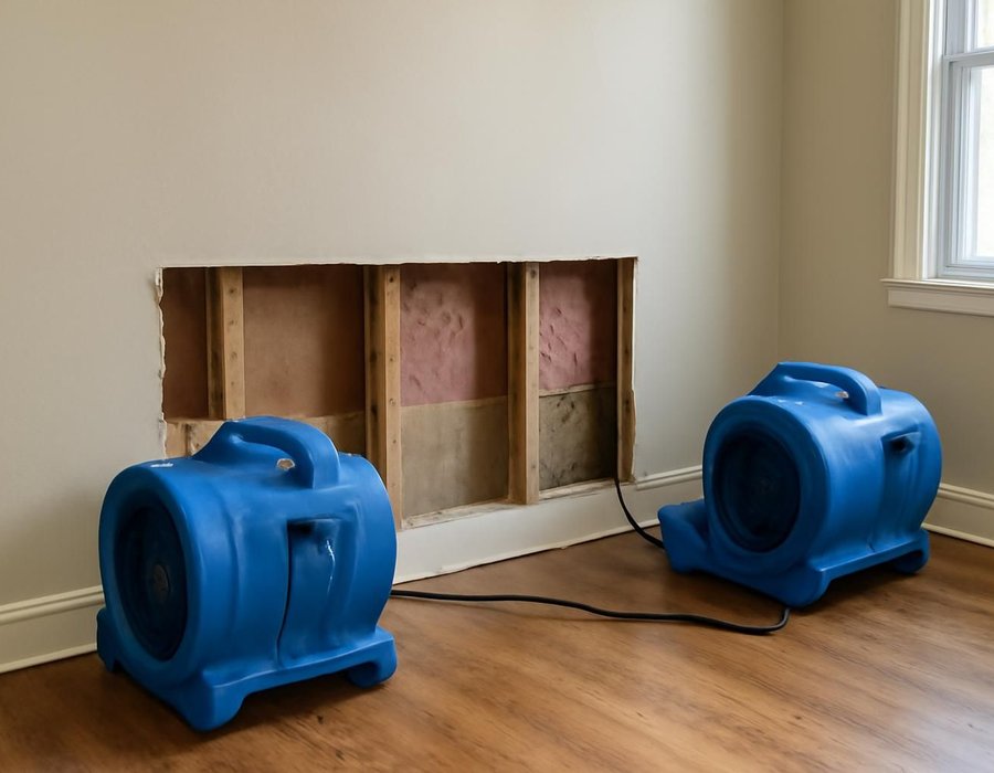 Drywall drying in place with air movers beside a wall opened with a flood cut