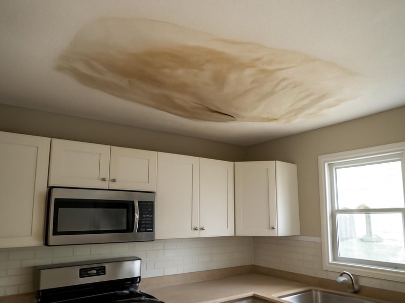 Before: kitchen ceiling sagging under water from a burst upstairs pipe