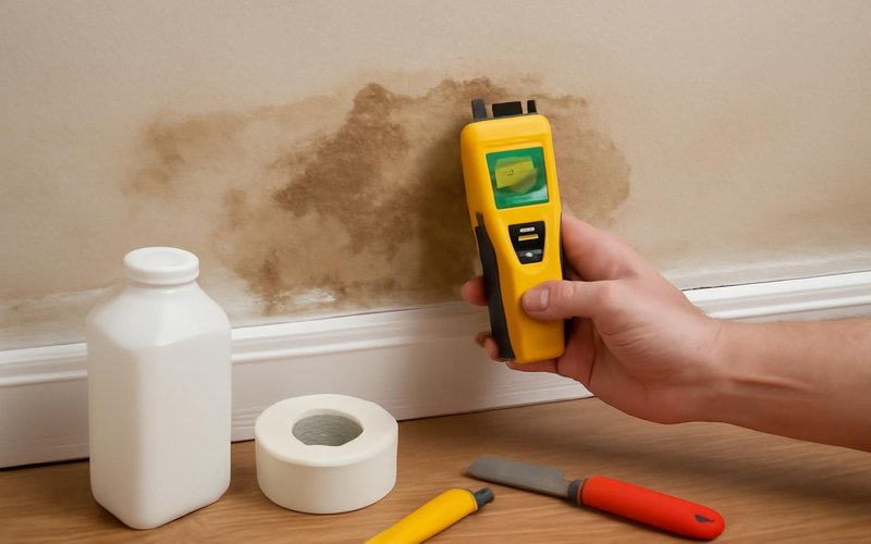 Technician checking a moisture reading on drywall