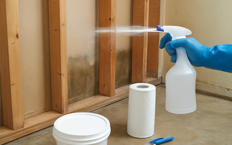 Technician spraying antimicrobial on wall studs