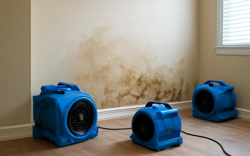 Air movers drying a wall after a leak