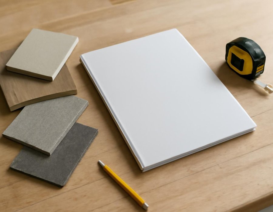 AI concept: A natural close photograph of a remodeling planning worktable for whole home remodeling with appropriate unmarked material samples, pencil, tape measure and a completely blank closed folder. No drawings or paper with markings