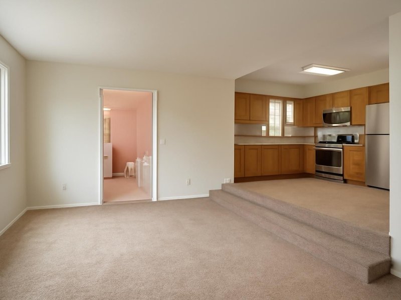 AI concept: Existing condition: split-level with pink tile baths, carpet and an oak kitchen