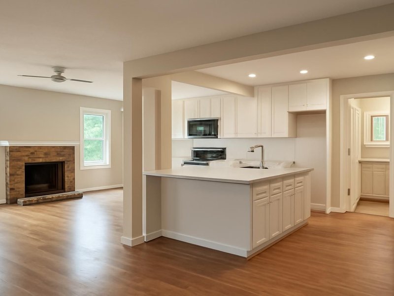 AI concept: Remodeled idea: ranch with a wall removed, open kitchen and updated hall bath