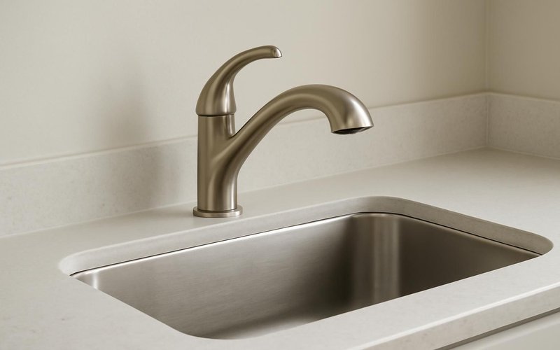 AI concept: A single brushed nickel kitchen faucet mounted above a clean undermount sink