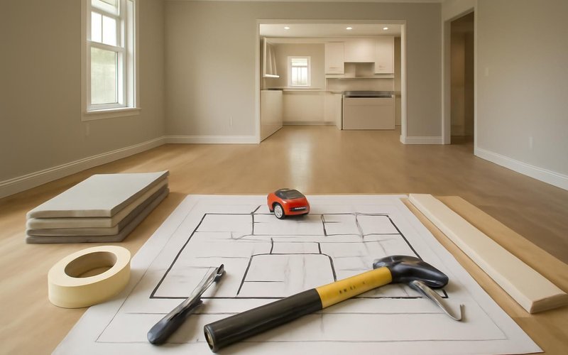 AI concept: Supervisor walking a house with a room-by-room plan