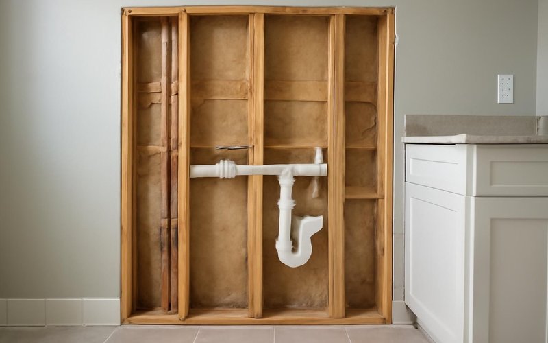 AI concept: Opened bathroom wall showing new plumbing rough-in
