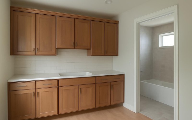 AI concept: Kitchen cabinets installed while a bath is tiled