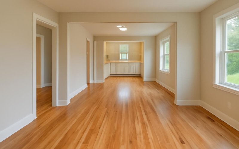 AI concept: New hardwood floor running through finished rooms