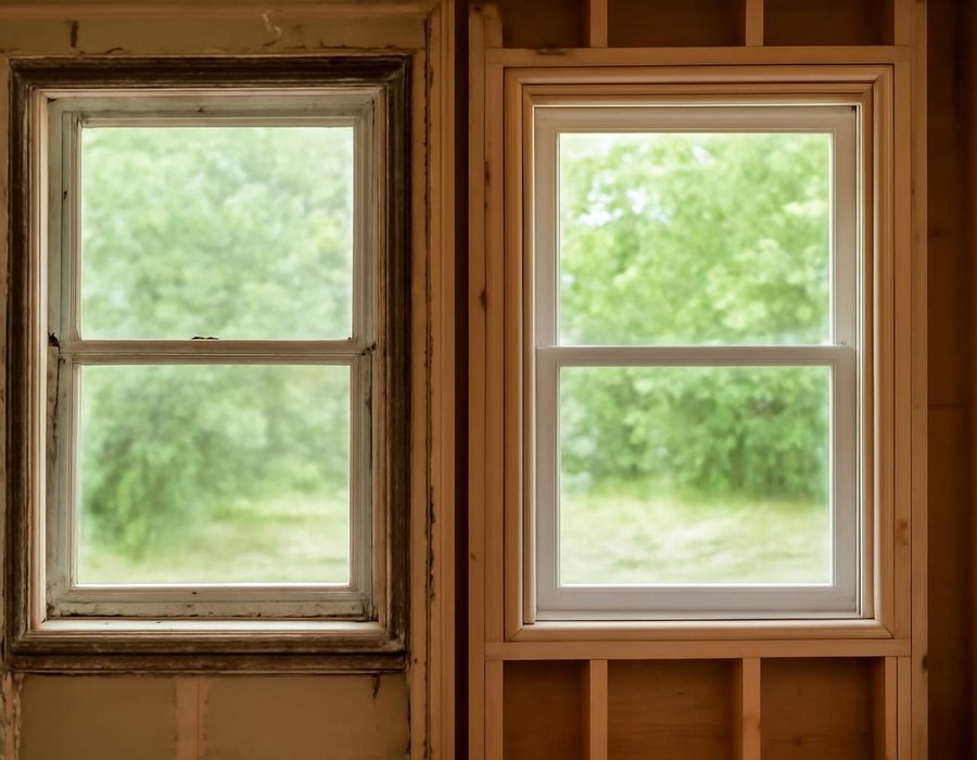 AI concept: Insert window set inside an old frame next to a full-frame window installed to the studs