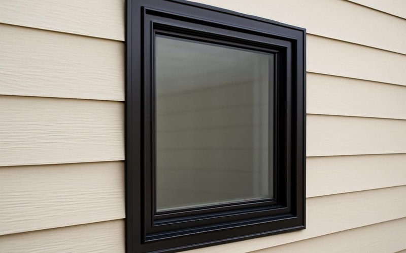 AI concept: A close exterior photograph of a plain unbranded black aluminum residential window frame